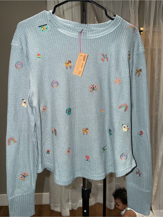 NATURAL LIFE Tops - Natural life Blue Embroidered Waffle Knit Long Sleeve Top